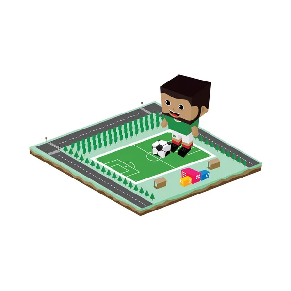 Ilustração Cubo Personagem Desenho Animado Com Bola Campo Futebol — Vetor de Stock