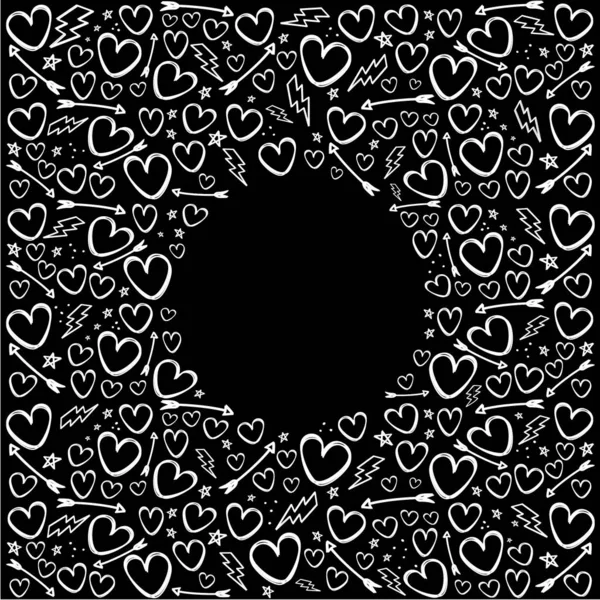 Cadre Rond Avec Des Cœurs Des Flèches Sur Fond Noir — Image vectorielle