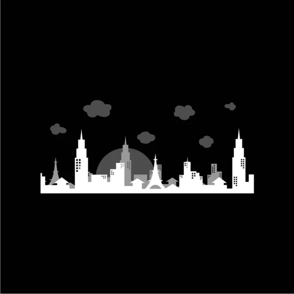 Fekete Fehér Illusztrációja Város Skyline Épületek Beállítása Nap Égen — Stock Vector
