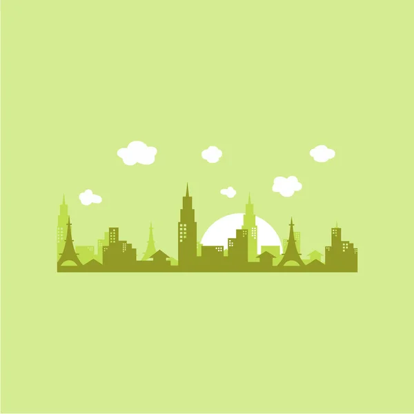 Ilustración Verde Edificios Del Skyline Ciudad Con Sol Poniente Cielo — Archivo Imágenes Vectoriales