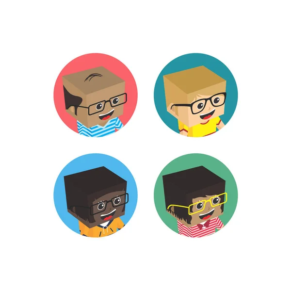 Personnages Cube Dessin Animé Dans Des Icônes Lunettes Sur Fond — Image vectorielle