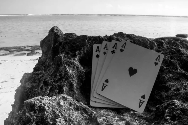Four of a kind ace poker card gamble black and white — Stock Photo, Image