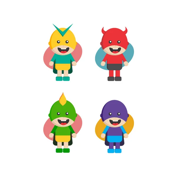 Conjunto Pequenos Super Heróis Personagens Desenhos Animados Planos Ilustração Vetorial —  Vetores de Stock