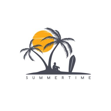 Beyaz arka planda sörf tahtası ile avuç içi ve erkek silüeti ile yaratıcı yaz logosu 