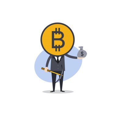 Beyaz arka planda izole bitcoin ile karikatür erkek karakter 