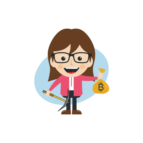 白い背景に隔離されたビットコインを持つ漫画の女性キャラクター — ストックベクタ