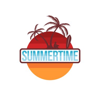 Beyaz arka planda sörf tahtası ile avuç içi ve erkek silüeti ile yaratıcı yaz logosu 