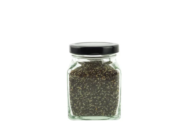 Organic Chia Seeds Una Bottiglia Vetro Con Coperchio Nero Isolato — Foto Stock