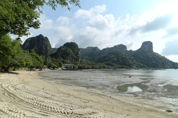Railay plaj doğu tarafında düşük gelgit, Krabi, Tayland. Tipik kireçtaşı dağlar ve palmiye ağaçları kumlu körfezi çevreleyen.