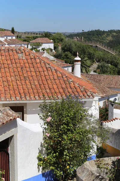 葡萄牙历史悠久的中世纪小镇奥比多斯 Obidos 内的小巷 粘土砖和周围的防御墙 — 图库照片