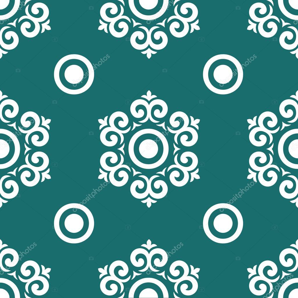 Hexagonal ornament with circle and greenery elements. For wallpaper. Vector.