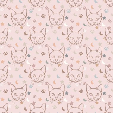 Şirin kediler desen tasarımını tekrarlıyor. El çizimi kediler soyut arkaplan.
