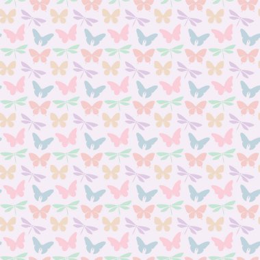 Yusufçuklar ve kelebeklerle kusursuz bir tekrarlama örneği. Pastel renkli desen tasarımı, bahar arkaplan tasarımı. Yusufçuk ve kelebek siluetleri rastgele dizayn ediliyor