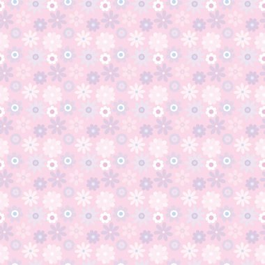 Çiçeklerle kusursuz tekrarlanan desen tasarımı. Pastel çiçekli vektör arka planı. Pembe ve mor geometrik çiçekler, şirin küçük çiçekler..