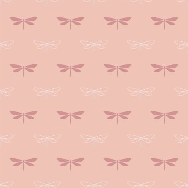 Yusufçuklarda kusursuz tekrarlama kalıbı. Pembe ve çıplak renkler ve yusufçuk elementleriyle arka planı tekrarlayan vektör deseni.