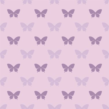 Kelebeklerde kusursuz tekrarlama kalıbı. Kelebek silueti elementleriyle kusursuz mor tekrarlama deseni arka planı.
