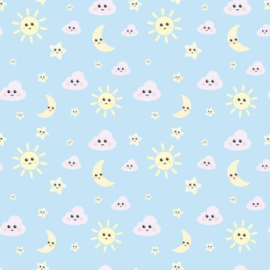 Güneş, bulut ve ay elementleriyle, gökyüzü desenli arkaplan