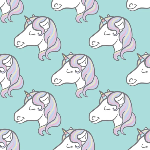Sevimli tek boynuzlu atlarla el çizimi kusursuz vektör deseni, mavi arka planda tekrarlayan duvar kağıdı. Kumaş, arkaplan veya ev dekorasyonu için mükemmel.