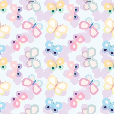 Rastgele kelebek elementleriyle kusursuz tekrarlama dizaynı. Vektör kelebek arka planı. Pastel kelebeği şirin renklerle sonsuz tekrarlayan tasarım.