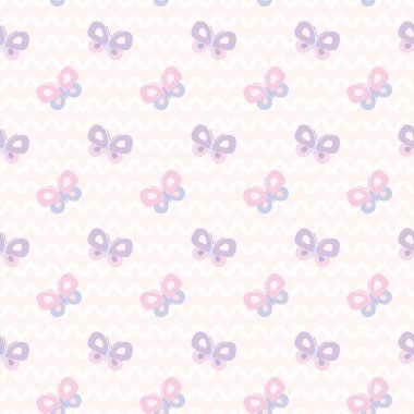 Kusursuz pastel desenli, dalgalı arka planı ve renkli kelebekleri olan tekrar desenli tasarım. Şirin kız vektör arkaplan tasarımı.