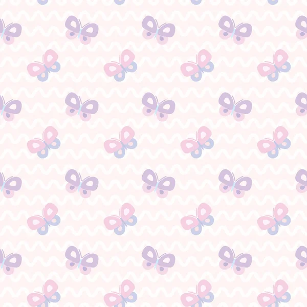 Kusursuz pastel desenli, dalgalı arka planı ve renkli kelebekleri olan tekrar desenli tasarım. Şirin kız vektör arkaplan tasarımı.