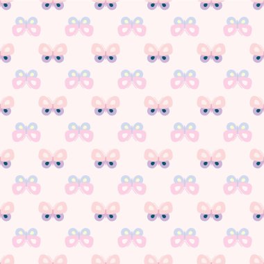 Vektör kelebek arka planı. Kelebeklerle basit, pürüzsüz tekrarlama kalıpları. Renkli kelebek elementleri ve pastel pembe arka planı olan şirin pastel desenler..