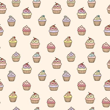 Kek pürüzsüz vektör tekrarlama şablonu tasarımı arka planı. Pastel kek karalama arkaplanı fırın veya kumaş için.