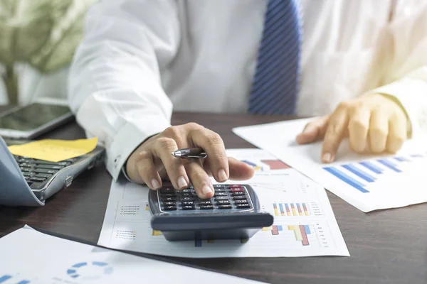 Businessman Pushing Pressing Calculator Looking Business Paper Finance Concept Working — Stock Photo, Image