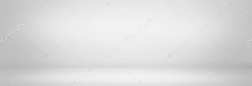 gray and white studio room background, blank and empty wall banner 