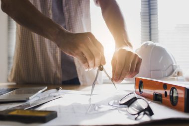 Mavi baskı üzerine mimar veya mühendis El Çizim Planı