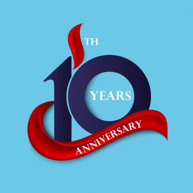 Kırmızı ribbo ile 10 yıldönümü işareti ve logosu kutlama sembolü