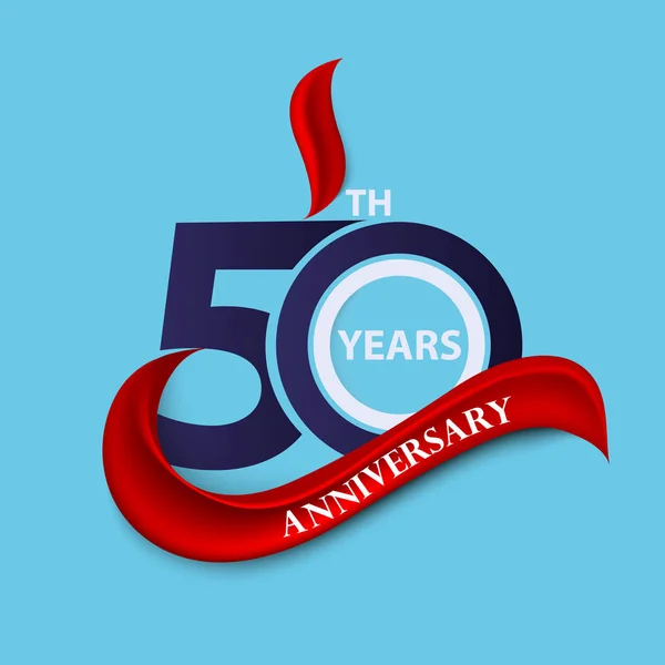 Segno di 50esimo anniversario e simbolo di celebrazione di logo con ribbo rosso — Vettoriale Stock