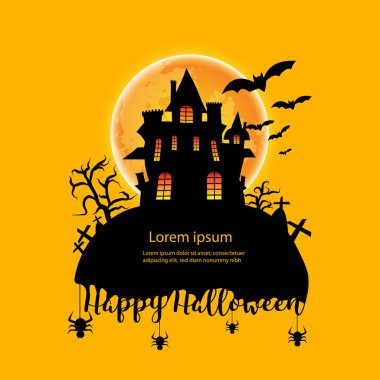Sarı ve turuncu Cadılar Bayramı arka plan, vektör ve illüstrasyon Haunted House silueti