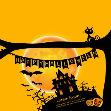 Sarı ve turuncu Cadılar Bayramı arka plan, vektör ve illüstrasyon Haunted House silueti