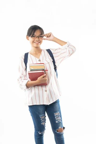 Giovane asiatico ragazza studente con scuola borsa isolato su bianco backg — Foto Stock