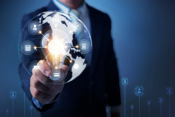 Innovation Idea Professional Leader Holding Lighting Bulb Thinking Management Concept — Stock Photo, Image