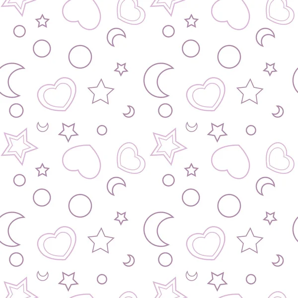 Seamless pattern with cartoon stars, moon, hearts and dots on white background