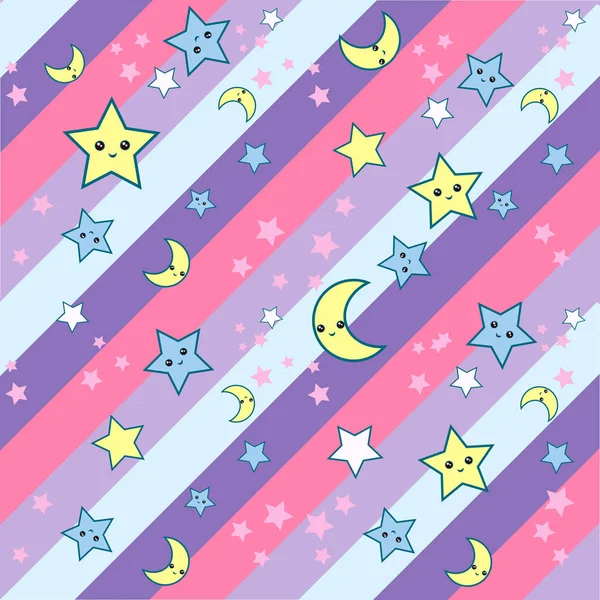 Seamless pattern with cartoon stars and moon cute kawaii muzzles in diagonal stripes back ground. can be used for fabric, wallpaper, stationery, packaging.