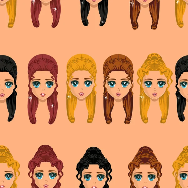 Anime style seamless pattern girls with different hair color and hairstyle in beige nude skin color background. Ancient Greece hairstyles.