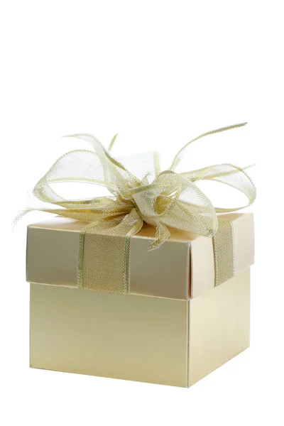 Gouden Geschenkdoos Witte Achtergrond — Stockfoto