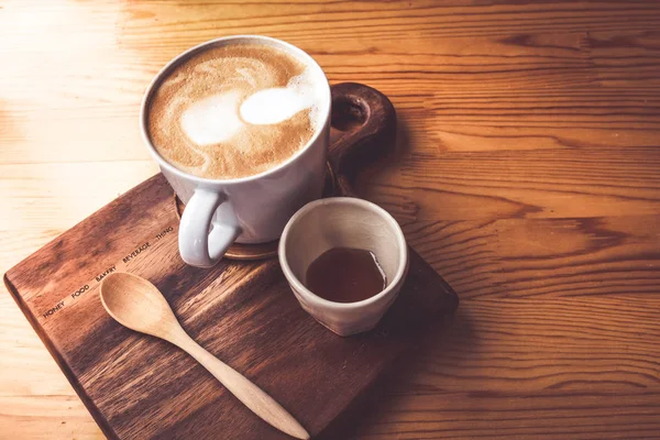 Hot Latte White Coffee Cup Wooden Table — Stock Photo, Image