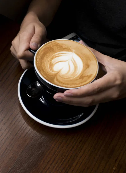 Coffee Latte Her Hand Dark Background — Stock Photo, Image