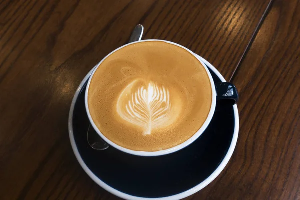 Hot Coffee Latte Wooden Table — Stock Photo, Image