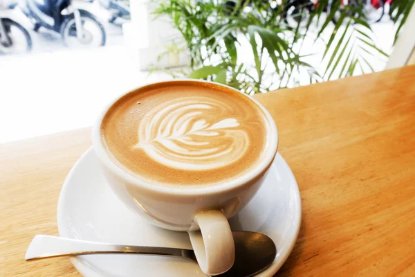 Hot Coffee Latte Wooden Table — Stock Photo, Image