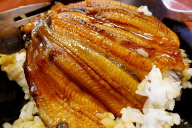 Japonya'da pirinç ızgara yılan balığı.                               