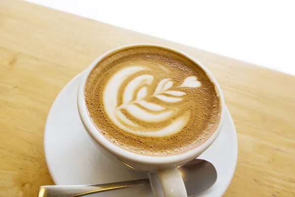 Latte Quente Uma Mesa Madeira — Fotografia de Stock