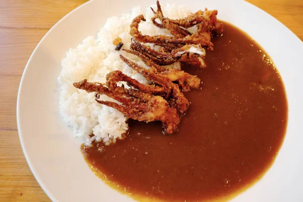 Reis Curry Japanischen Stil Gebratene Tintenfische Tentakel — Stockfoto