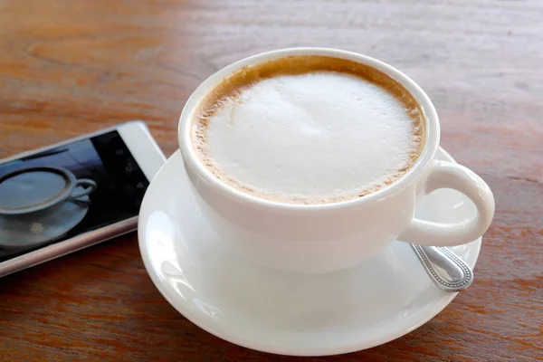 Tasse Café Chaude Sur Table Bois — Photo