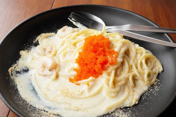 Spaghetti White Sauce Shrimp Shrimp Eggs — Stock Photo, Image