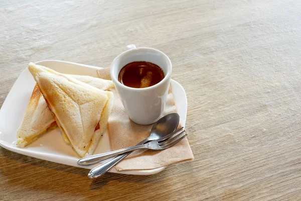 Cup Coffee Sandwiches Wooden Table — Stock Photo, Image